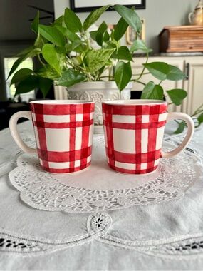 Kirkland Red Plaid Ceramic Mugs - Set of 2 14 ozs